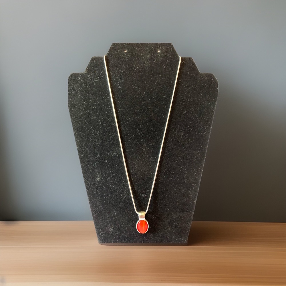 Carnelian Cabochon Pendant & 18" SS Snake Chain Silver 925